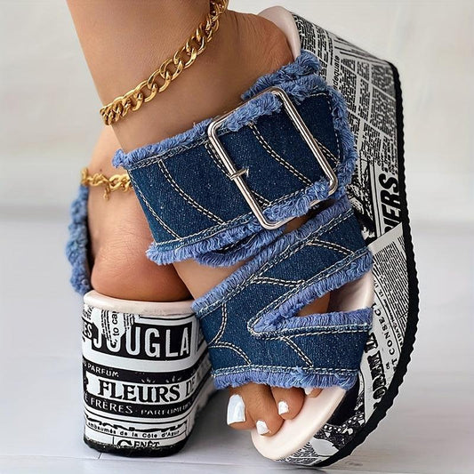 Letter Print & Denim Canvas Sandals