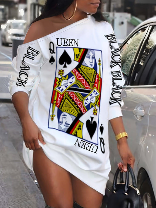 Queens Gambit - Slant Shoulder Poker Print Long Sleeve Dress