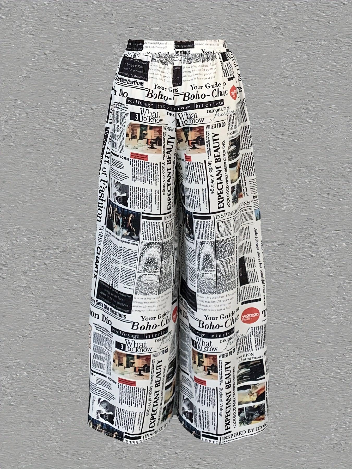 Newspaper Print Wide Leg Pockets Pants