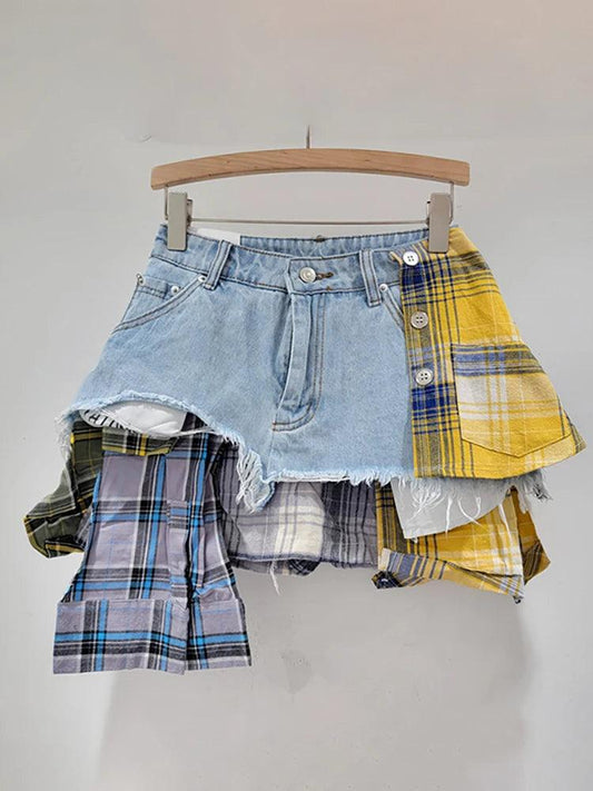 Denim Plaid Colored Patchwork Mini Skorts