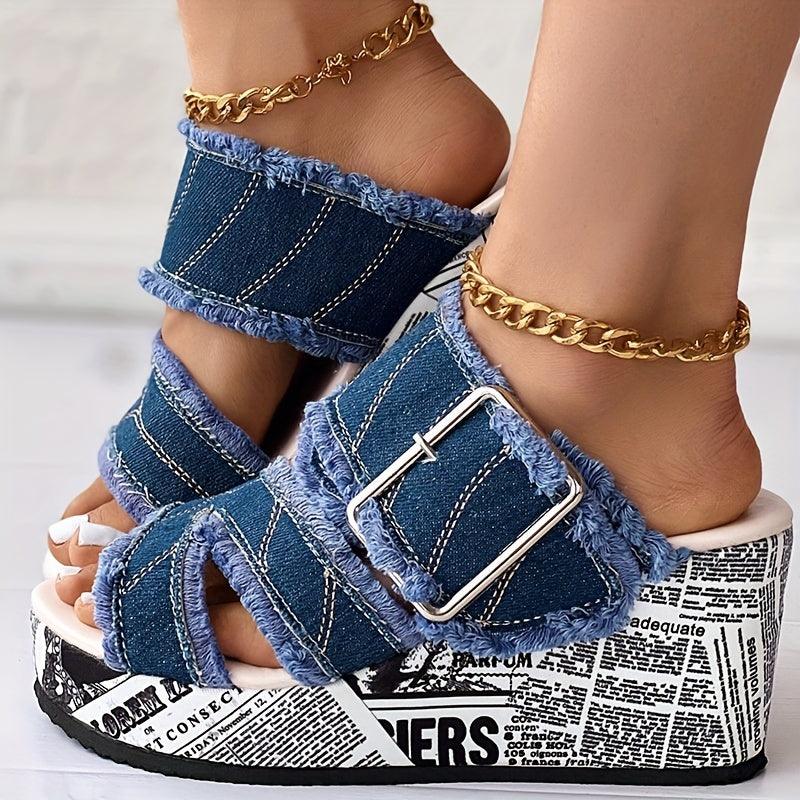 Letter Print & Denim Canvas Sandals