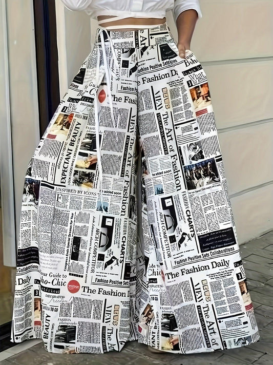 Newspaper Print Wide Leg Pockets Pants