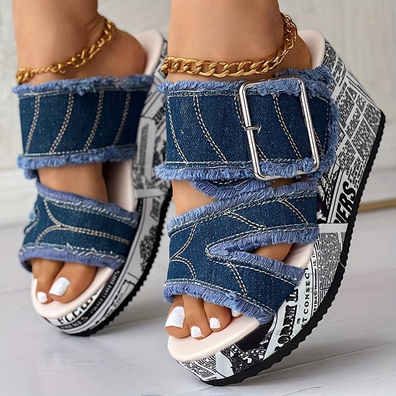 Letter Print & Denim Canvas Sandals